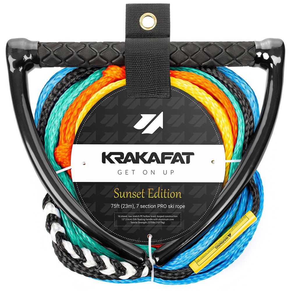 KRAKAFAT 75ft Water Ski Rope, Wakeboard Rope - 7 Sections with 13" EVA Diamond Grip Floating Handle - 1-2 Rider Tube Tow Rope for Tubing - Boat Tow Rope for Kneeboard
