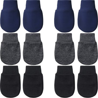 6 Pairs Newborn Baby Mittens No Scratch Gloves Infant Toddler Anti Scratch Essentials Unisex Cotton for 3-9 Months Girls Boys (Navy Blue, Gray-Black, Black, Solid)