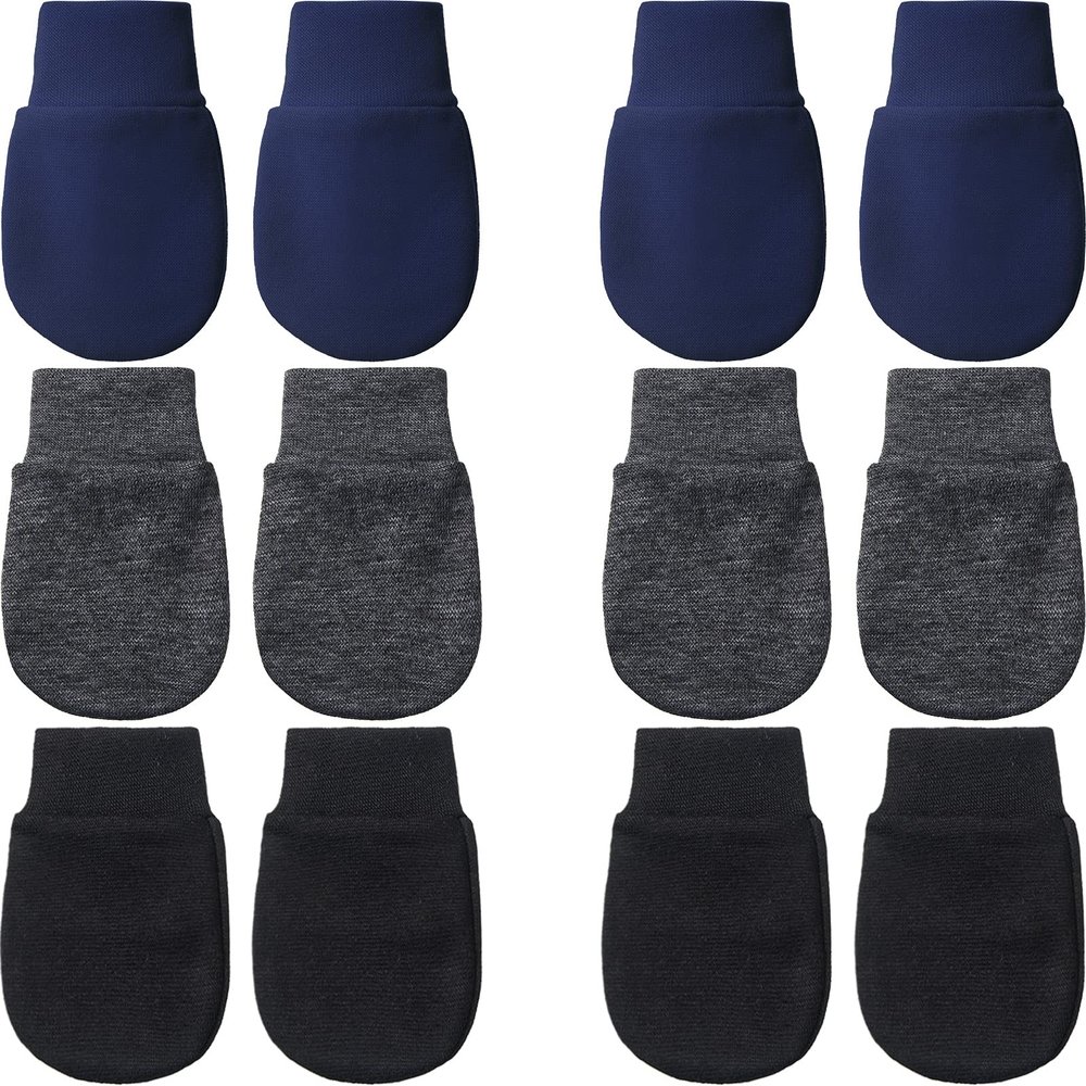 6 Pairs Newborn Baby Mittens No Scratch Gloves Infant Toddler Anti Scratch Essentials Unisex Cotton for 3-9 Months Girls Boys (Navy Blue, Gray-Black, Black, Solid)
