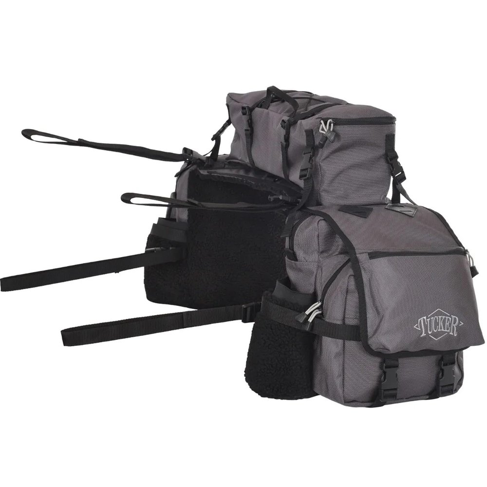 Circle Y Tucker Adventurer Horse Saddle Bag | Durable 1680D Water-Resistant Trail Riding Gear with Detachable Cantle Bag, Drink Holders, Rain Cover for All-Day Adventures, Graphite Gray