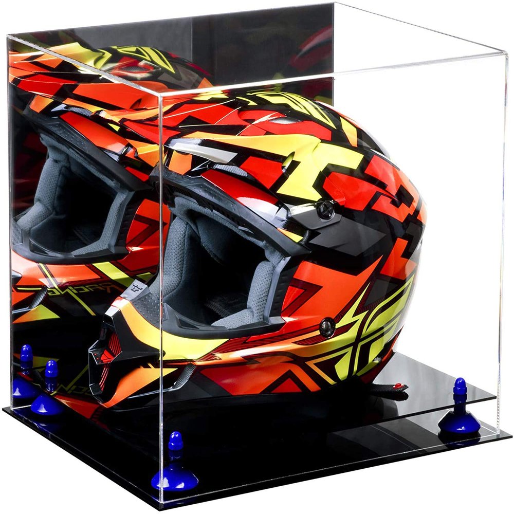 Better Display Cases Acrylic Motorcycle Motocross or Racing Helmet Display Case with Mirror Case, Dark Blue Risers and Black Base (A024/V61)