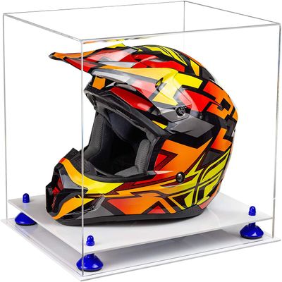 Better Display Cases Acrylic Motorcycle Motocross or Racing Helmet Display Case with Clear Case, Dark Blue Risers and White Base (A024/V61)