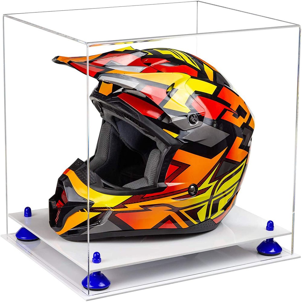 Better Display Cases Acrylic Motorcycle Motocross or Racing Helmet Display Case with Clear Case, Dark Blue Risers and White Base (A024/V61)