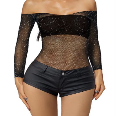 Adove Women Sexy Sparkle Rhinestone Mesh Teddy Fishnet Lingerie One Piece Bodysuit (Black)