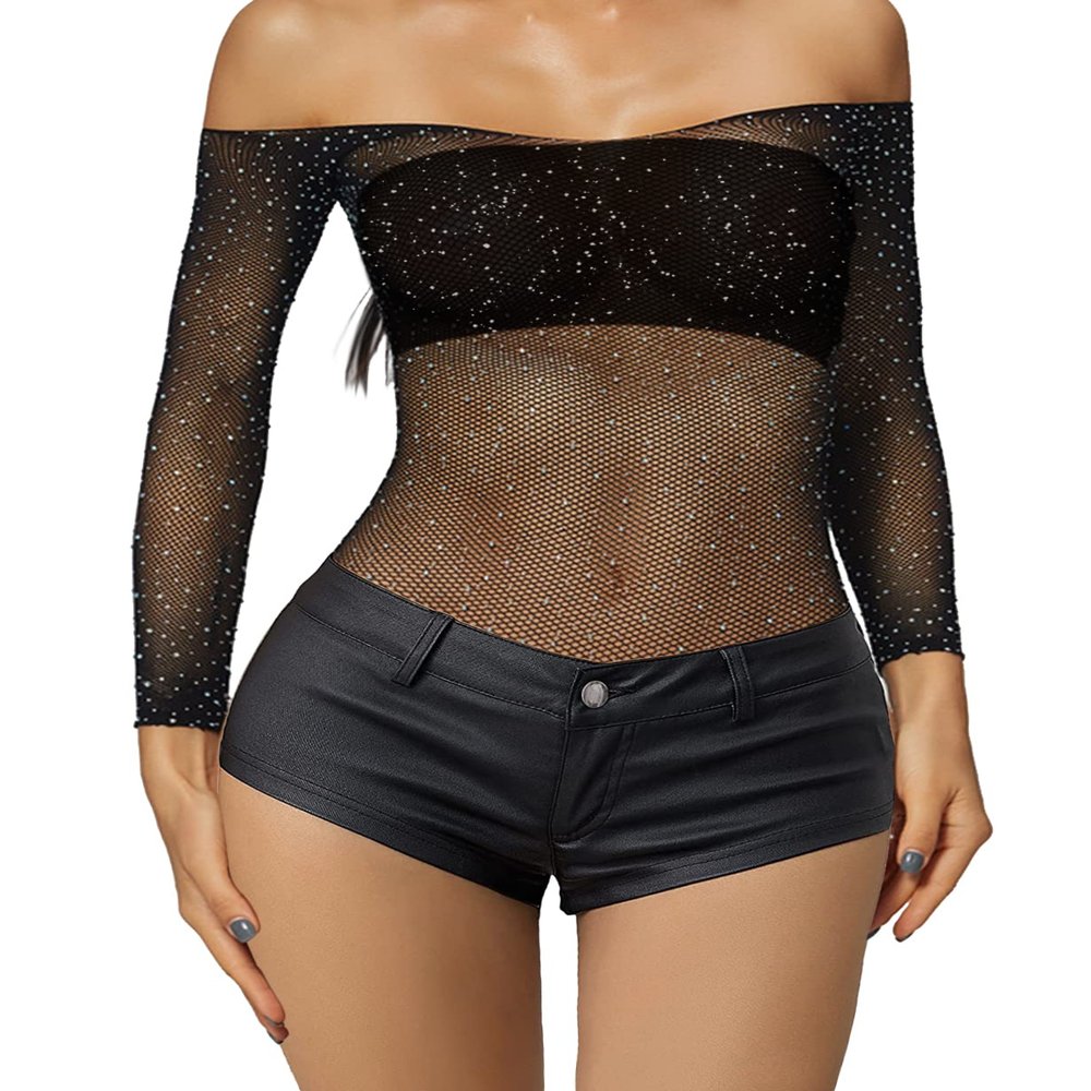 Adove Women Sexy Sparkle Rhinestone Mesh Teddy Fishnet Lingerie One Piece Bodysuit (Black)
