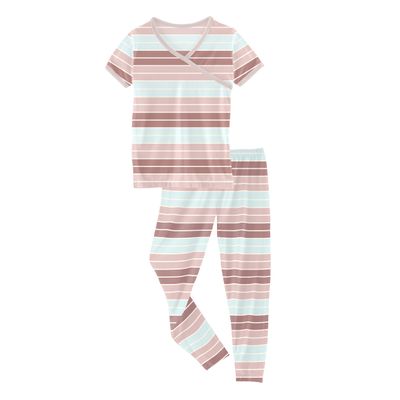 KicKee Print Pajamas Set, Short Sleeve Kimono Style PJs, Ultra Soft and Snug Fitting, Comfy Matching Top and Bottom Sleepwear Set, Baby to Kid Pajamas (Active Stripe - 4T)