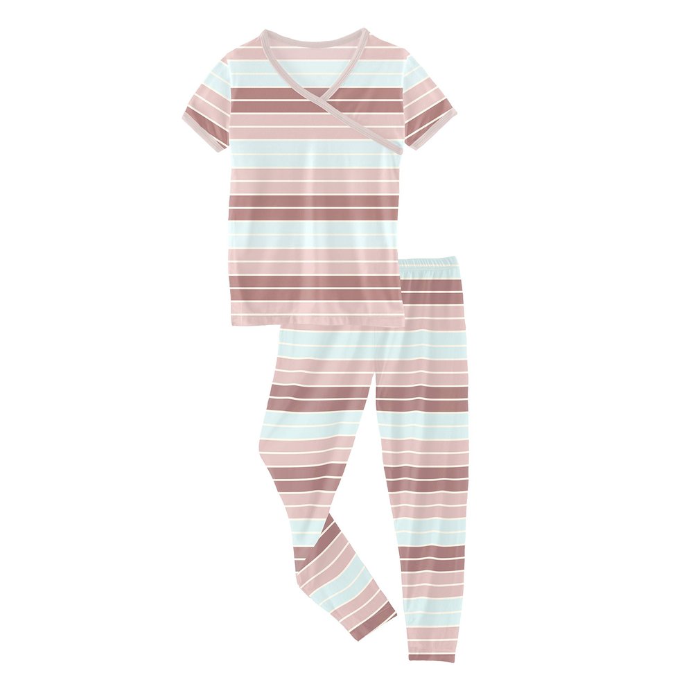 KicKee Print Pajamas Set, Short Sleeve Kimono Style PJs, Ultra Soft and Snug Fitting, Comfy Matching Top and Bottom Sleepwear Set, Baby to Kid Pajamas (Active Stripe - 4T)