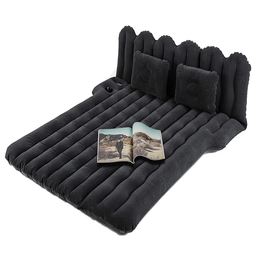 Byomostor SUV Air Mattress with Cup & Phone Holder, Flocked-Top Car Mattress with 2 Air Pillows & Electric Air Pump, Perfect for Camping, Travel, and Road Trips (Black)