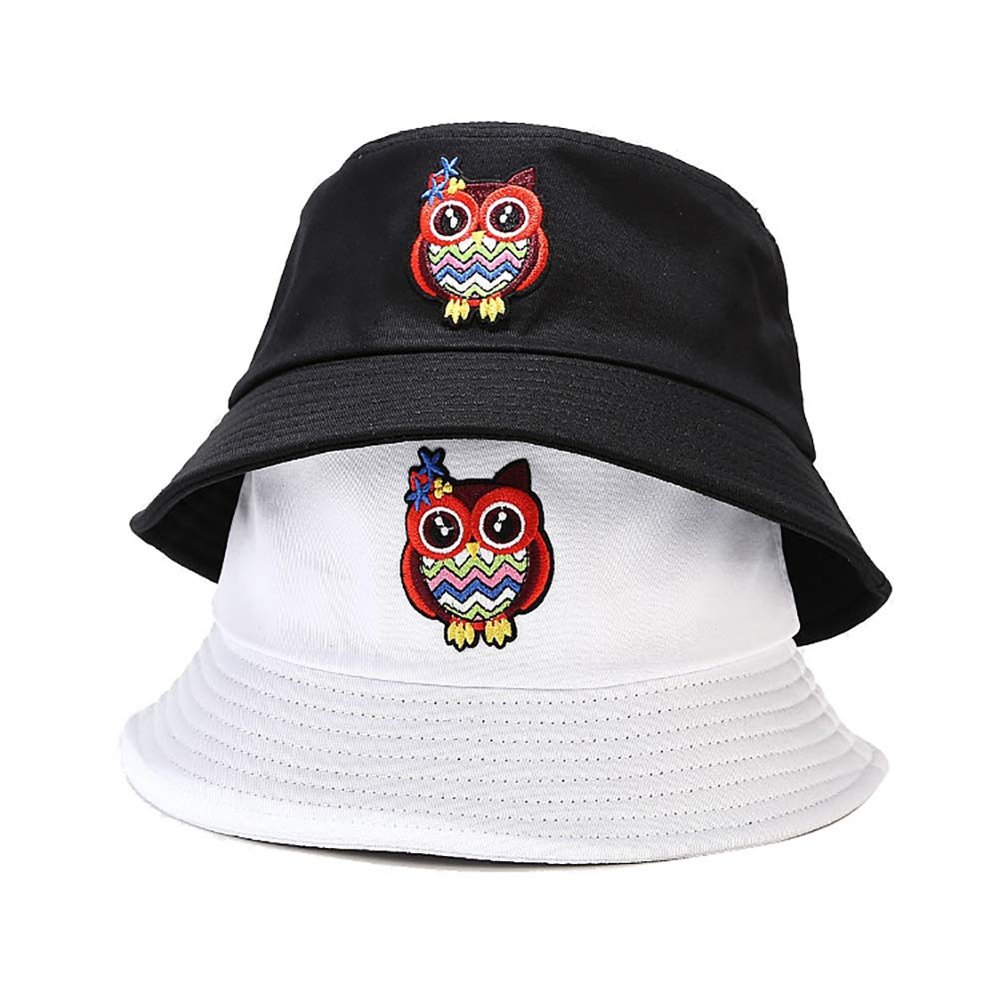 2 Pack Cartoon Owl Pattern Bucket Hat Men Women Couples Teens Outdoor Sun Protection Travel Beach Cap Black White (2 Pack Red Owl (Black and White))