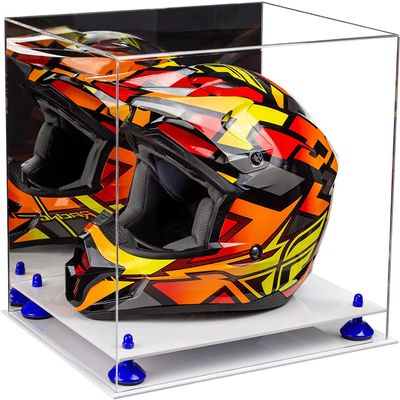 Better Display Cases Acrylic Motorcycle Motocross or Racing Helmet Display Case with Mirror Case, Dark Blue Risers and White Base (A024/V61)