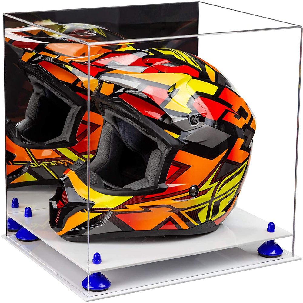 Better Display Cases Acrylic Motorcycle Motocross or Racing Helmet Display Case with Mirror Case, Dark Blue Risers and White Base (A024/V61)