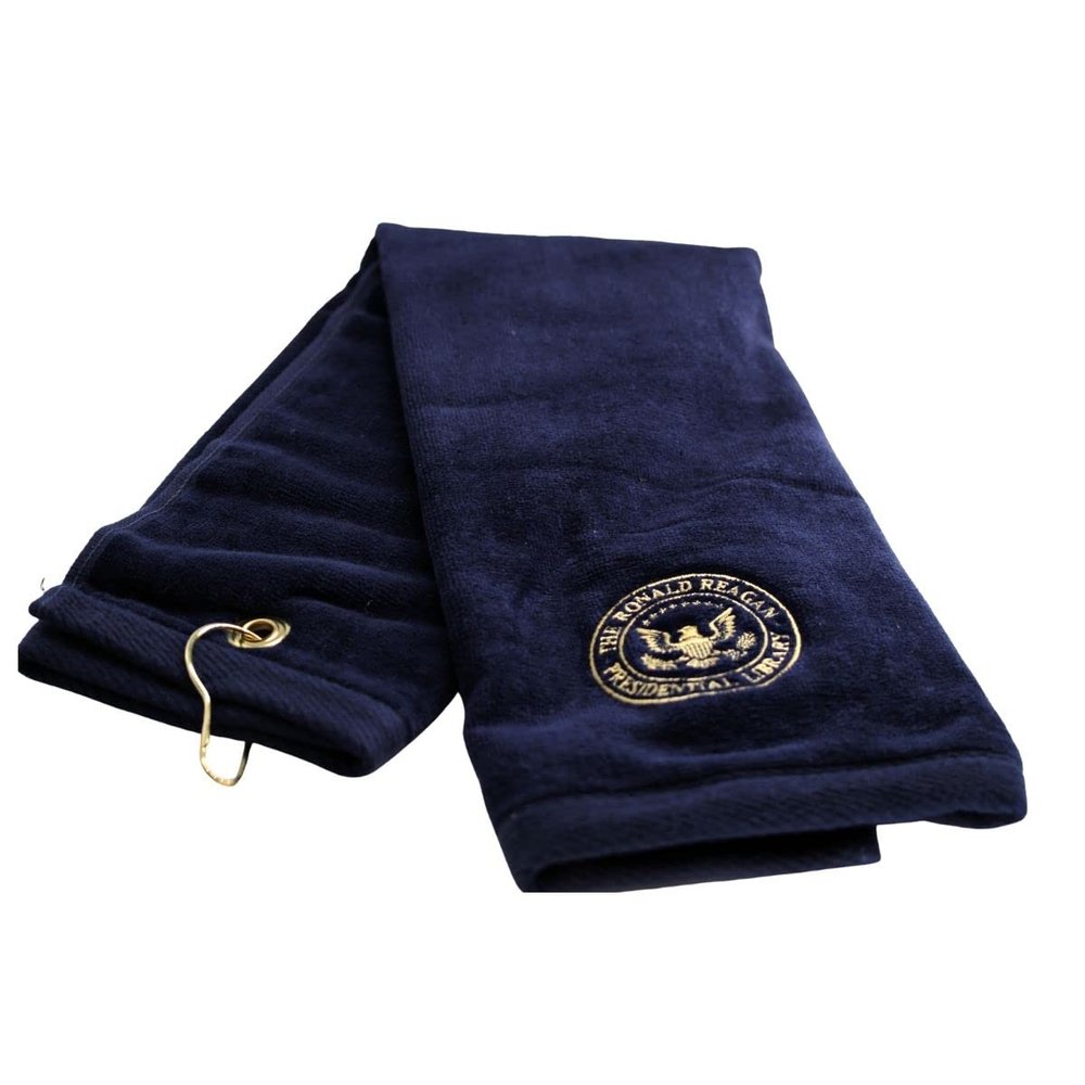 Ronald Reagan Golf Towel Library Seal - Navy Blue and Gold - Features Grommet and Bag Clip - Exclusive to The Reagan Library