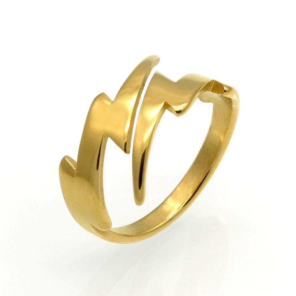NewZenro Double Lightning Bolt Wrap Open Ring for Men Women Fashion Punk Stainless Steel Personalized Adjustable Statement Engagement Finger Rings Jewelry BFF Birthday Son Gold Plated (8)