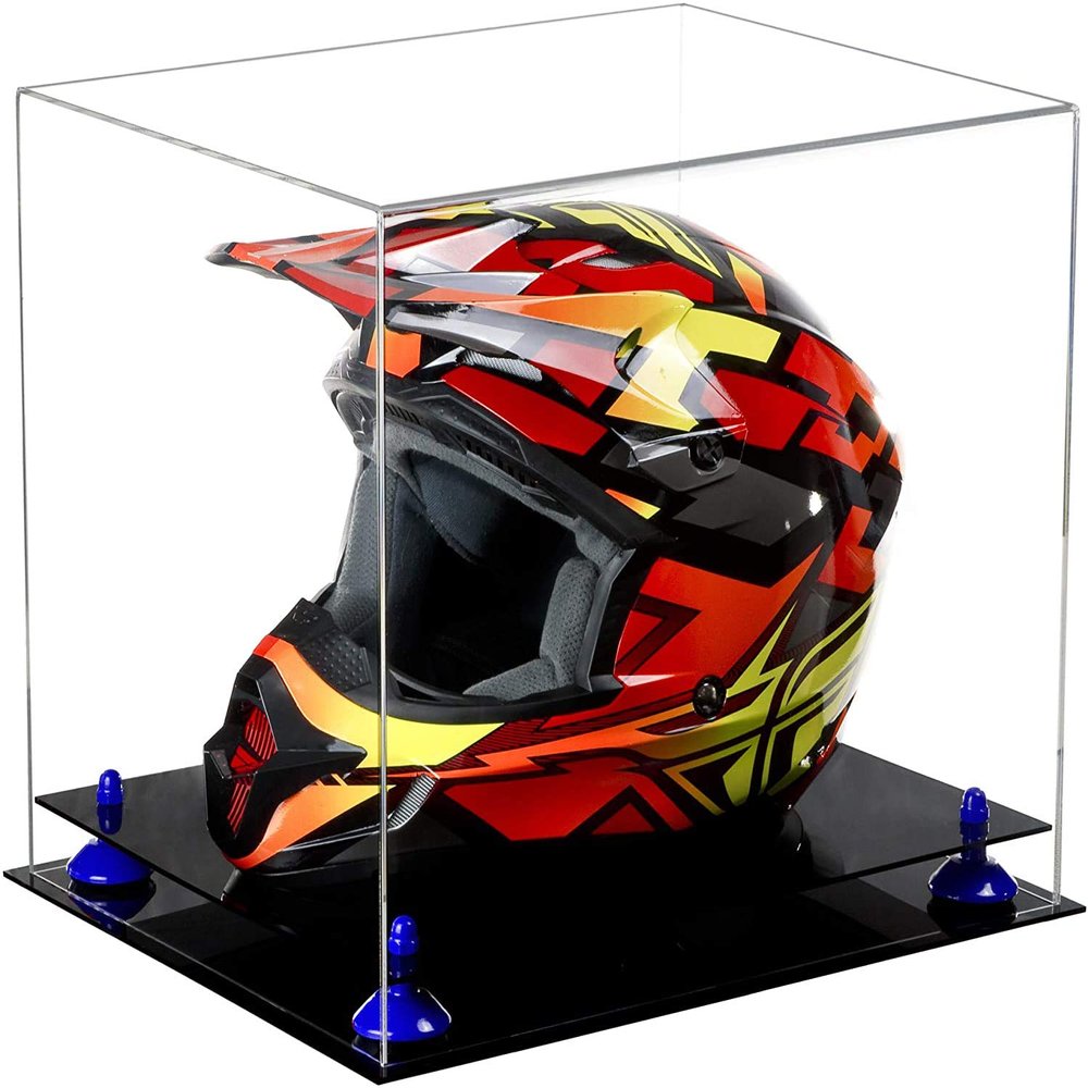 Better Display Cases Acrylic Motorcycle Motocross or Racing Helmet Display Case with Clear Case, Dark Blue Risers and Black Base (A024/V61)