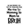 Funny Sarcastic Mom Sticker No One Prepares You for The Transition from Mama to Mommy to Mom to Bruh view 1