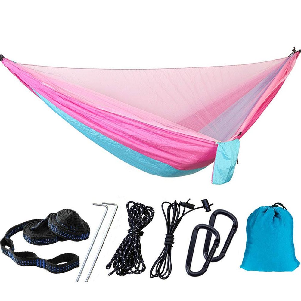 Camping Hammock with Mosquito Nets Outdoor Tourist Hanging Hammocks Portable Parachute Nylon Hiking Hammock for Backpacking Hiking Travel