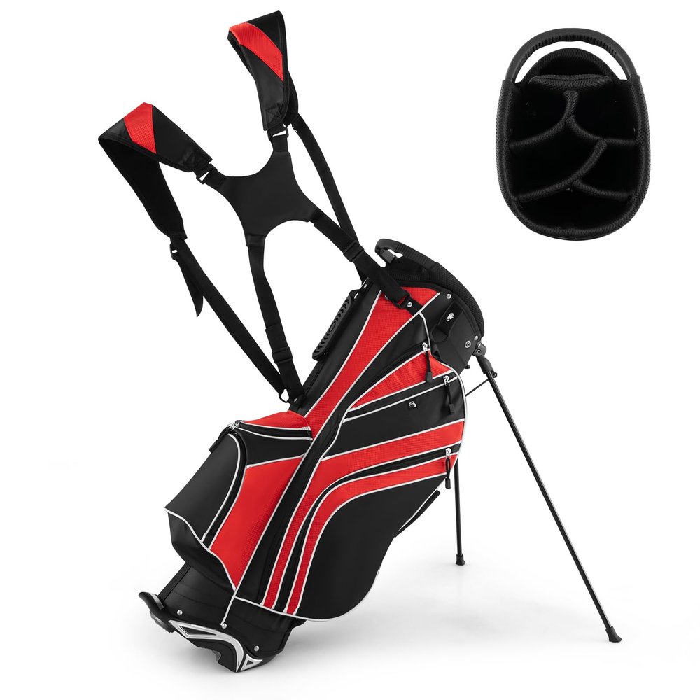 GYMAX Golf Stand Bag, 6 Way Divider Golf Club Bag with 8 Pockets, Rain Hood, Umbrella Holder & Glove Sticker, Portable Lightweight Golf Bag for Men Women (Red)