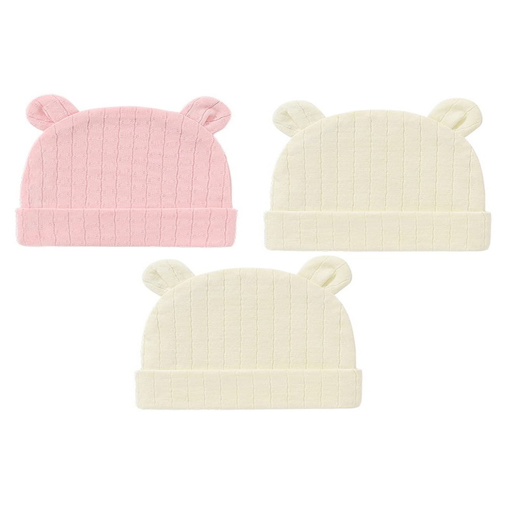 Jueshanzj 3 Pack Newborn Hospital Hat Cute Bear Ears Cotton Hat White+Yellow+Pink Thin Style 0-6 Months