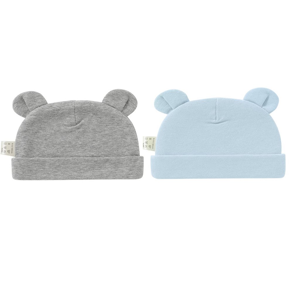 Jueshanzj 2 Pack Newborn Hospital Hat Cute Bear Ears Cotton Hat Dark Grey+Blue 0-6 Months