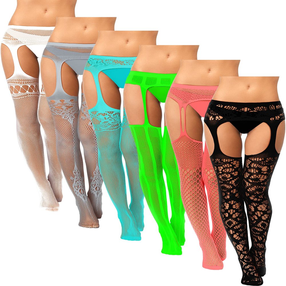 Skylety 6 Pairs Women Fishnet Thigh-High Stockings Tights Suspender Pantyhose Stockings for Women(Medium-large,White, Grey, Carmine, Light Blue, Fluorescent Green, Black)