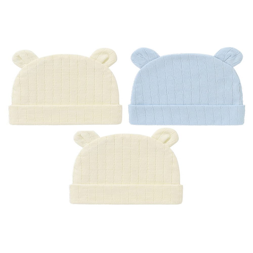 Jueshanzj 3 Pack Newborn Hospital Hat Cute Bear Ears Cotton Hat Blue+White+Yellow Thin Style 0-6 Months