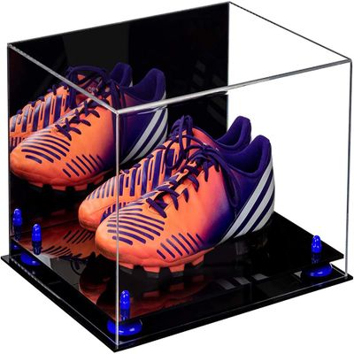 Better Display Cases Acrylic Shoe Display Case - Large Rectangle Box with Mirror Case, Dark Blue Risers and Black Base 15.25" x 12" x 8" (A026/V12)