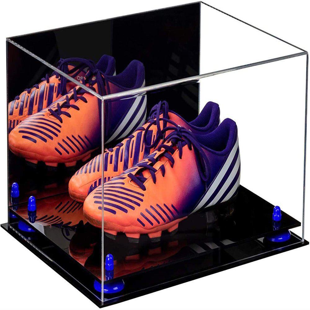 Better Display Cases Acrylic Shoe Display Case - Large Rectangle Box with Mirror Case, Dark Blue Risers and Black Base 15.25" x 12" x 8" (A026/V12)