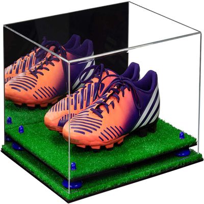 Better Display Cases Acrylic Shoe Display Case - Large Rectangle Box with Mirror Case, Dark Blue Risers and Turf Base 15.25" x 12" x 8" (A026/V12)