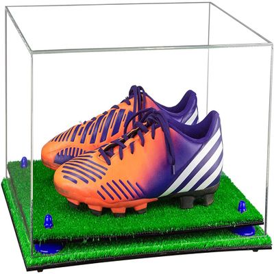 Better Display Cases Acrylic Shoe Display Case - Large Rectangle Box with Clear Case, Dark Blue Risers and Turf Base 15.25" x 12" x 8" (A026/V12)