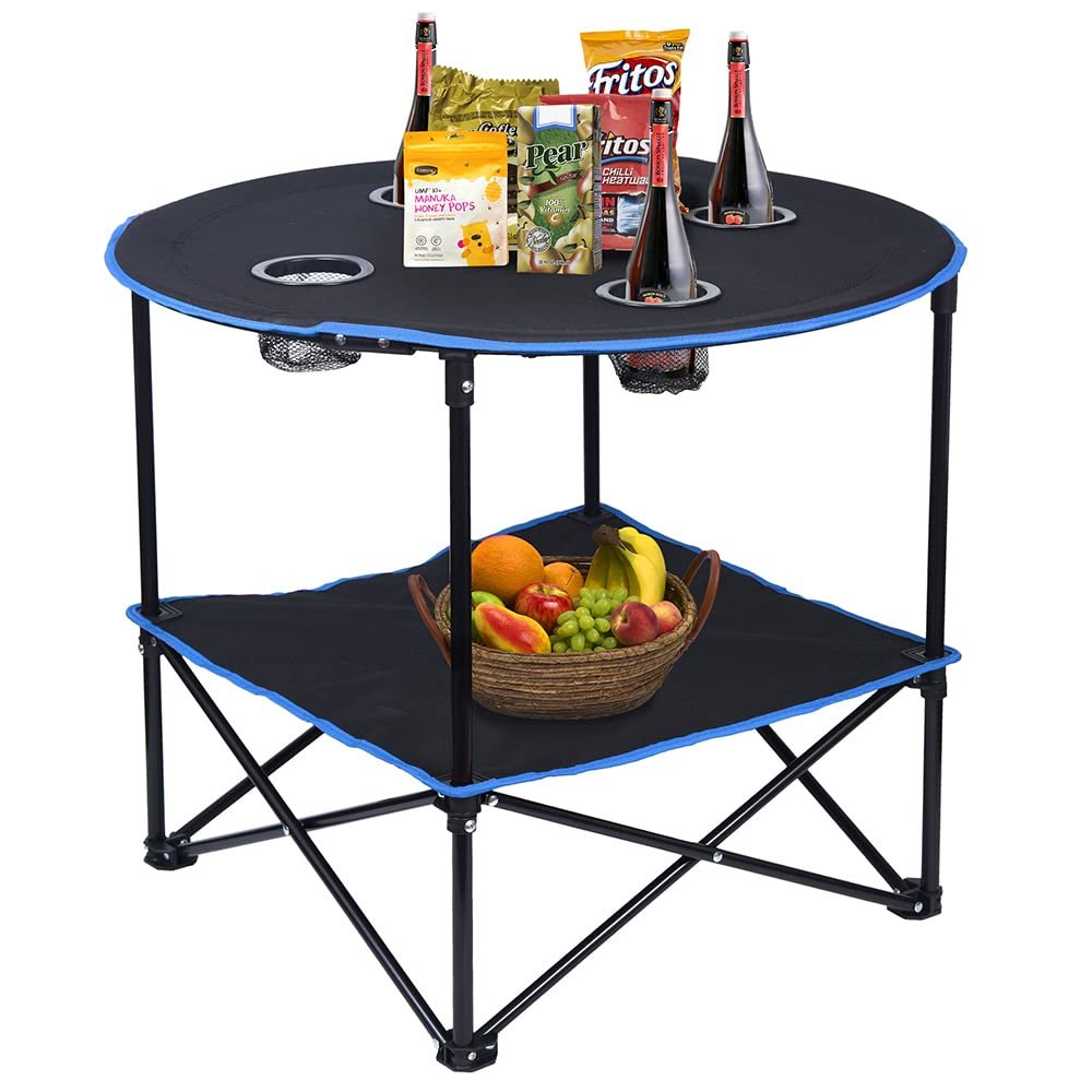 LEADALLWAY Folding Picnic Table Portable Outdoor Camping Table with 4 Cup Holders and Carrying Bags,Collapsible Canvas Travel Table for Outdoor Picnic,Barbecue,Travel,Fishing (Black+Blue)