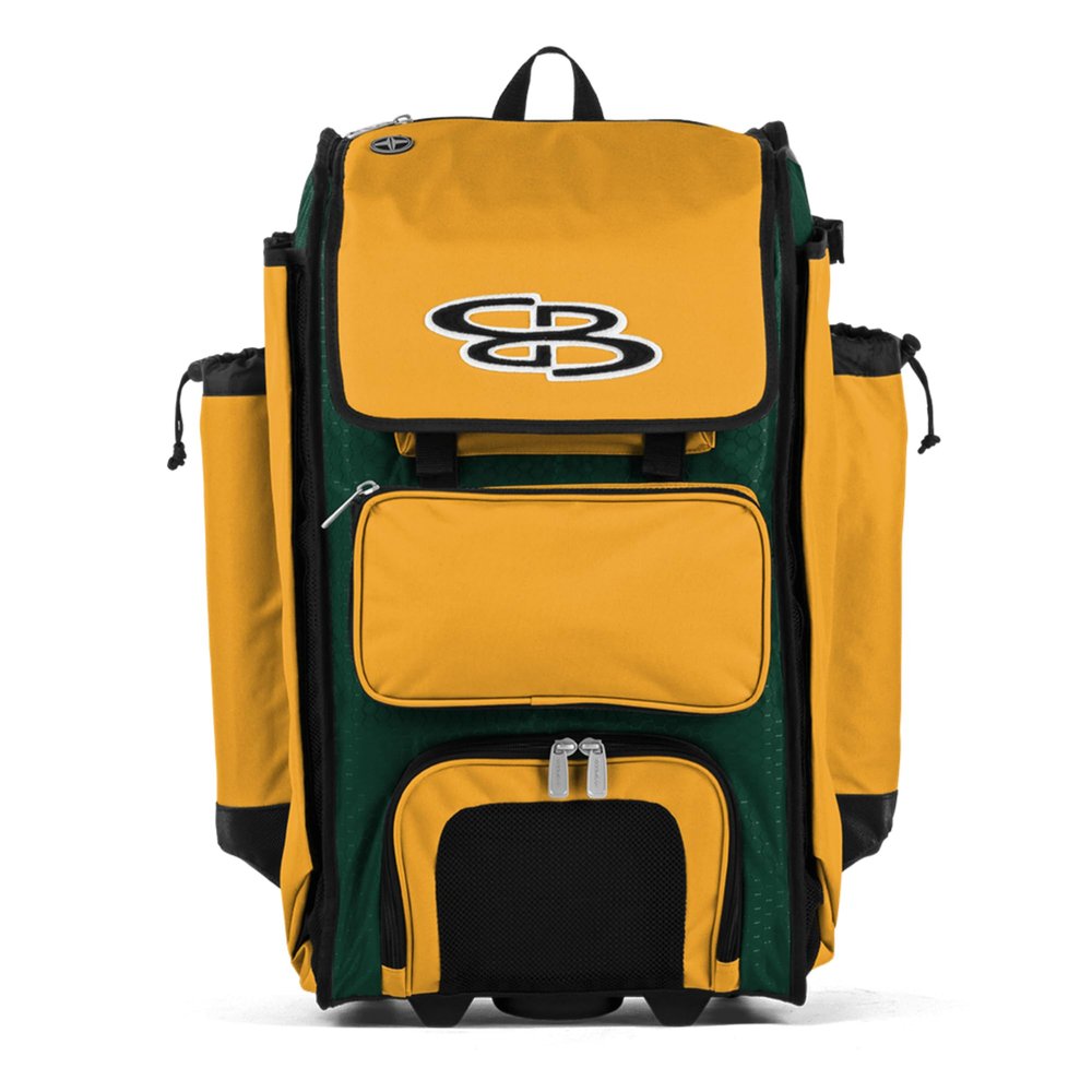 Boombah Rolling Catcher's Superpack Baseball/Softball Gear Bag - 23-1/2" x 13-1/2" x 9-1/2" - Dark Green/Gold - Telescopic Handle - Holds 4 Bats - Wheeled Version