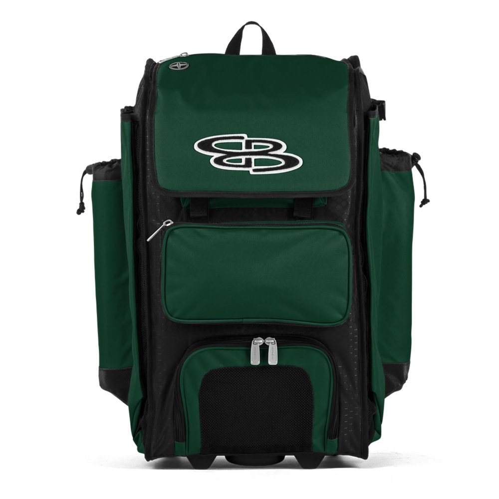 Boombah Rolling Catcher's Superpack Baseball/Softball Gear Bag - 23-1/2" x 13-1/2" x 9-1/2" - Black/Dark Green - Telescopic Handle - Holds 4 Bats - Wheeled Version