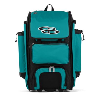 Boombah Rolling Catcher's Superpack Baseball/Softball Gear Bag - 23-1/2" x 13-1/2" x 9-1/2" - Black/Teal - Telescopic Handle - Holds 4 Bats - Wheeled Version