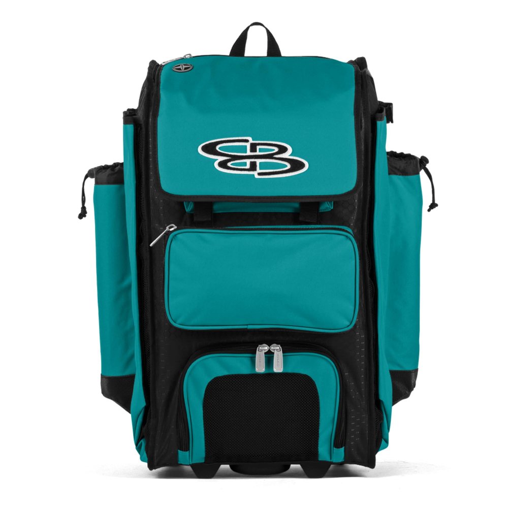 Boombah Rolling Catcher's Superpack Baseball/Softball Gear Bag - 23-1/2" x 13-1/2" x 9-1/2" - Black/Teal - Telescopic Handle - Holds 4 Bats - Wheeled Version
