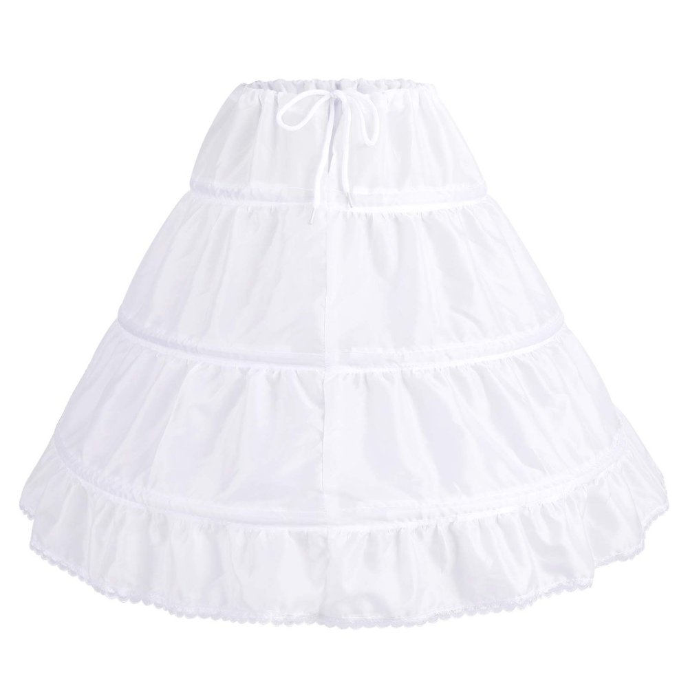 IBTOM CASTLE Kids Crinoline Petticoat with 3 Hoops, Full Length Flower Girl Underskirt Slips Flower Girls Rockabilly Tutu Fluffy Skirts Maxi Swing Ball Gowns 3-14 Year Old White 55cm