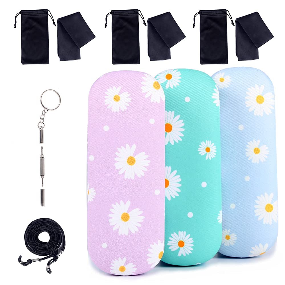 ADBGV 3pcs Unisex Hard Shell Glasses Case, Glasses Protector Case, Sunglasses Cases with Cleaning Cloth, Fixed Non-Slip Cord