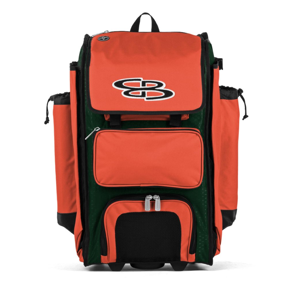 Boombah Rolling Catcher's Superpack Baseball/Softball Gear Bag - 23-1/2" x 13-1/2" x 9-1/2" - Dark Green/Orange - Telescopic Handle - Holds 4 Bats - Wheeled Version