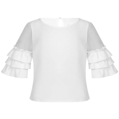 Agoky Kids Girls 3/4 Bell Sleeves Lace Splice Top Blouse Daily Wear for Spring Summer Autumn Ruffle Sleeve White 4