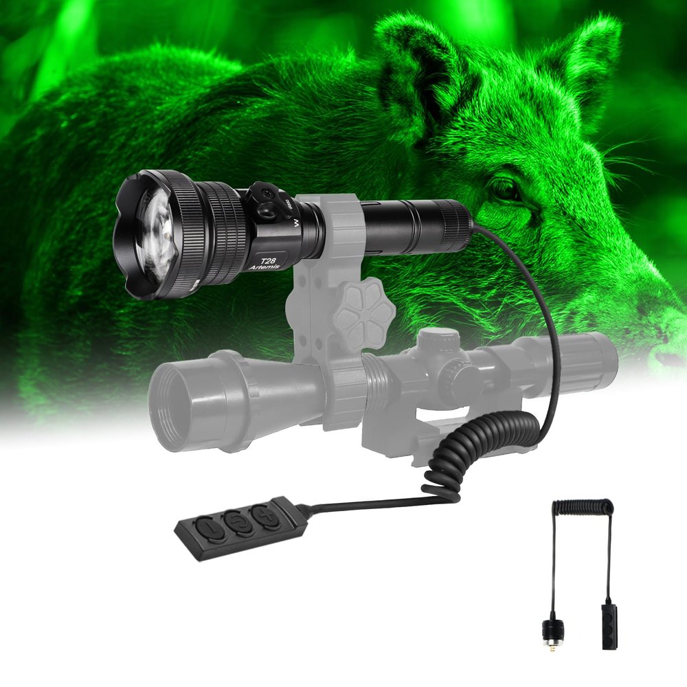 Brinyte T28 LED Hunting Light 3-Color-in-1(Red, White, Green) Zoomable Predator Flashlight with Remote Pressure Switch, IPX6 Waterproof for Hogs Coon Coyote Varmint Hunting