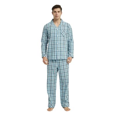 Vulcanodon Mens Cotton Pajama Set, Button Down Woven Pajama Set for Men Plaid Men's Sleepwear(Aqua Blue Plaid,M)