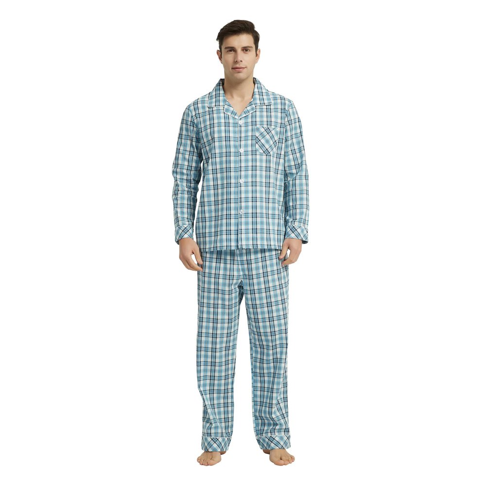 Vulcanodon Mens Cotton Pajama Set, Button Down Woven Pajama Set for Men Plaid Men's Sleepwear(Aqua Blue Plaid,M)