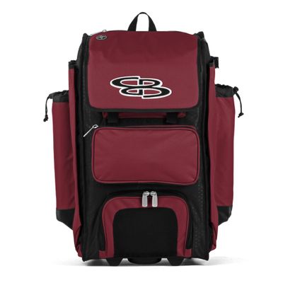Boombah Rolling Catcher's Superpack Baseball/Softball Gear Bag - 23-1/2" x 13-1/2" x 9-1/2" - Black/Cardinal - Telescopic Handle - Holds 4 Bats - Wheeled Version