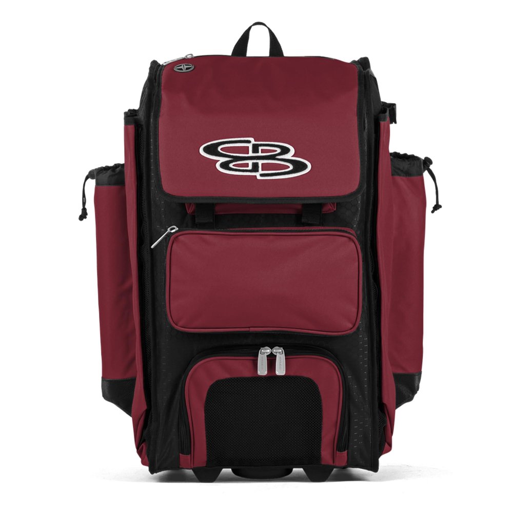 Boombah Rolling Catcher's Superpack Baseball/Softball Gear Bag - 23-1/2" x 13-1/2" x 9-1/2" - Black/Cardinal - Telescopic Handle - Holds 4 Bats - Wheeled Version