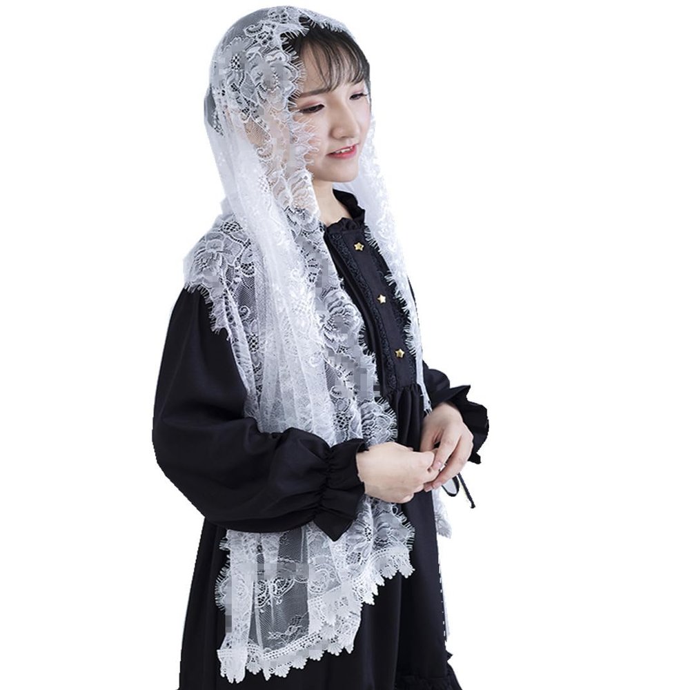 BLESSUME 1pc Women Triangle Pattern Veil Classic Mantilla Soft Lace Chapel Veil (White 4)