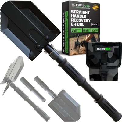 Rhino USA Survival Shovel w/Pick - Heavy Duty Carbon Steel Military Style Entrenching Tool for Off Road, Camping, Gardening, Beach, Digging Dirt, Sand, Mud & Snow. (Recovery Shovel)