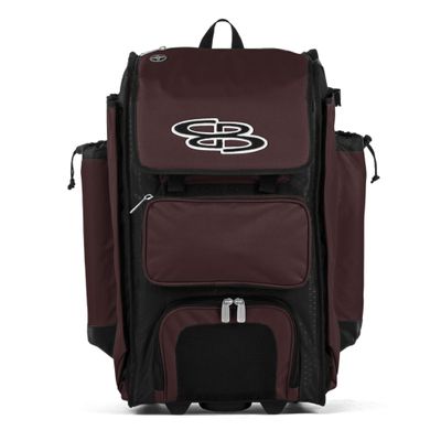 Boombah Rolling Catcher's Superpack Baseball/Softball Gear Bag - 23-1/2" x 13-1/2" x 9-1/2" - Black/Maroon - Telescopic Handle - Holds 4 Bats - Wheeled Version