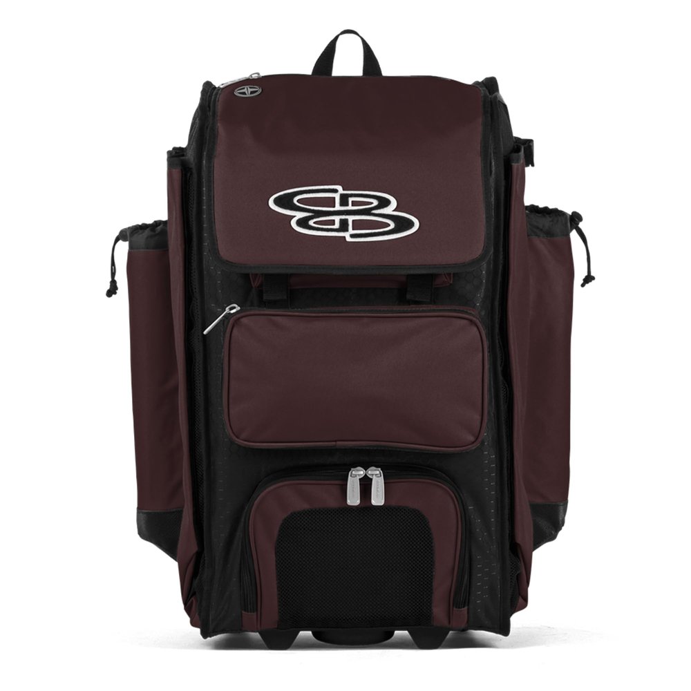 Boombah Rolling Catcher's Superpack Baseball/Softball Gear Bag - 23-1/2" x 13-1/2" x 9-1/2" - Black/Maroon - Telescopic Handle - Holds 4 Bats - Wheeled Version