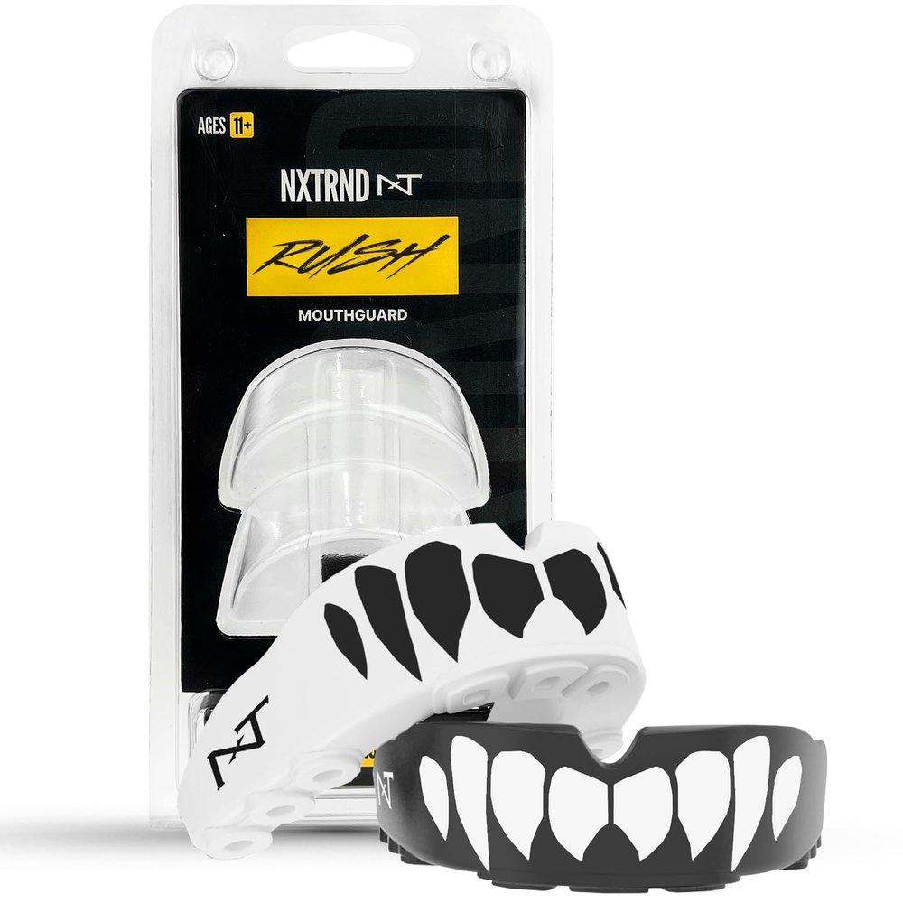 2 Pack Nxtrnd Rush Dual Layer Mouthguard, Custom Fit Sports Mouthpiece for Football, Boxing, MMA, Basketball, Hockey, Lacrosse, Youth & Adult (Black & White Fangs)