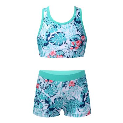 winying Kids Girls Printed Rash Guard Tankini Sport Crop Top + Swim Shorts Swimsuit Beach Summer Swimwear Turquoise 12