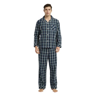 Vulcanodon Mens Cotton Pajama Set, Button Down Woven Pajama Set for Men Plaid Men's Sleepwear(Dark Blue Plaid,2XL)